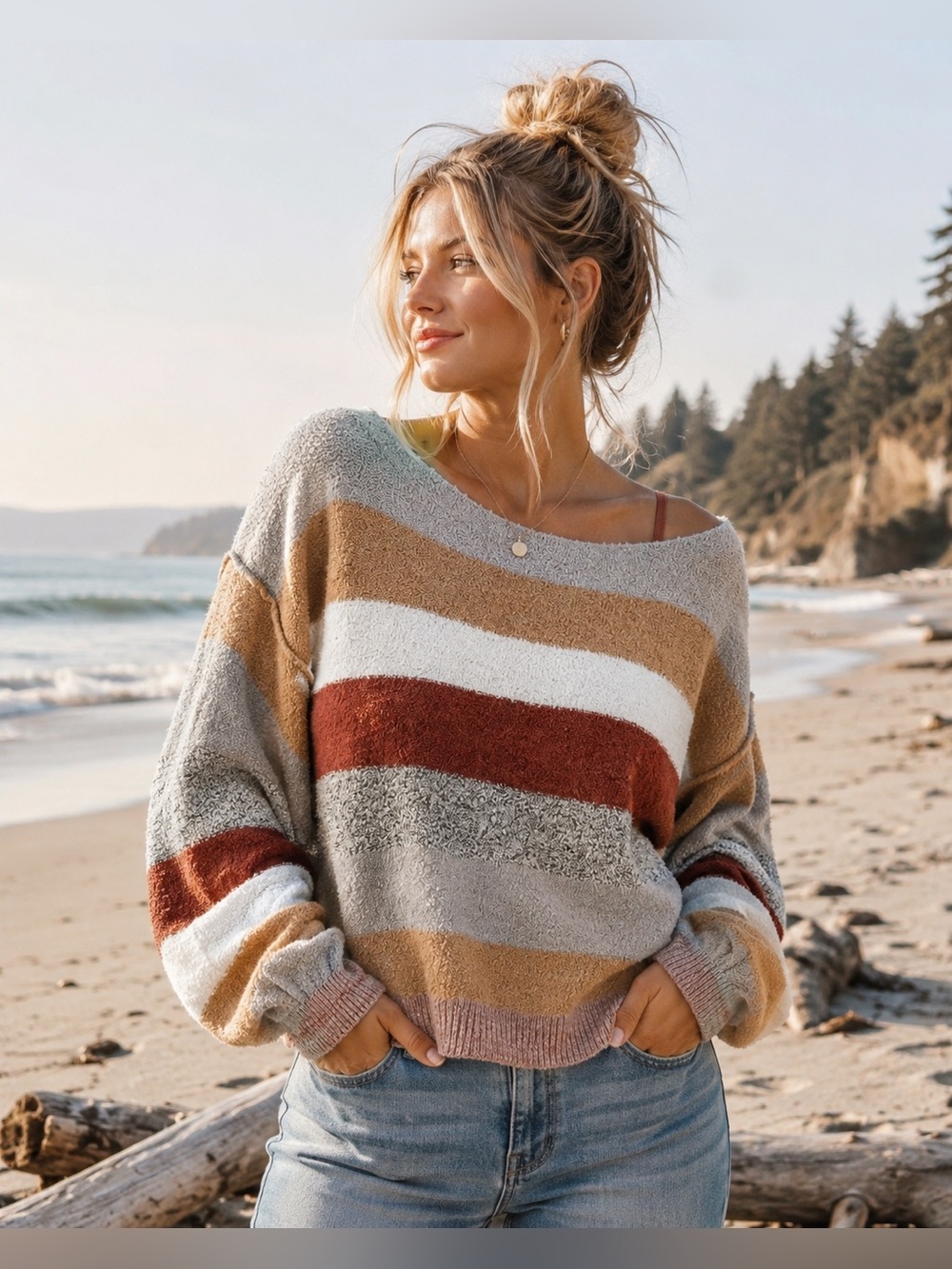Free People Beach Striped Bouclé Sweater Size Large Oversized Crop Pullover